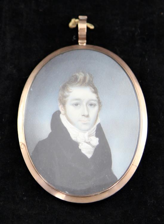 Early 19th century English School Miniature portrait of a gentleman in a black coat, 2.75 x 2.25in.